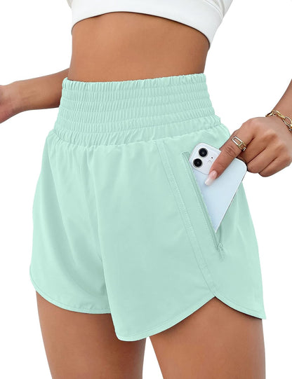 High Waisted Athletic Shorts Women Running Workout Shorts with Pockets Gym Sporty Light Green