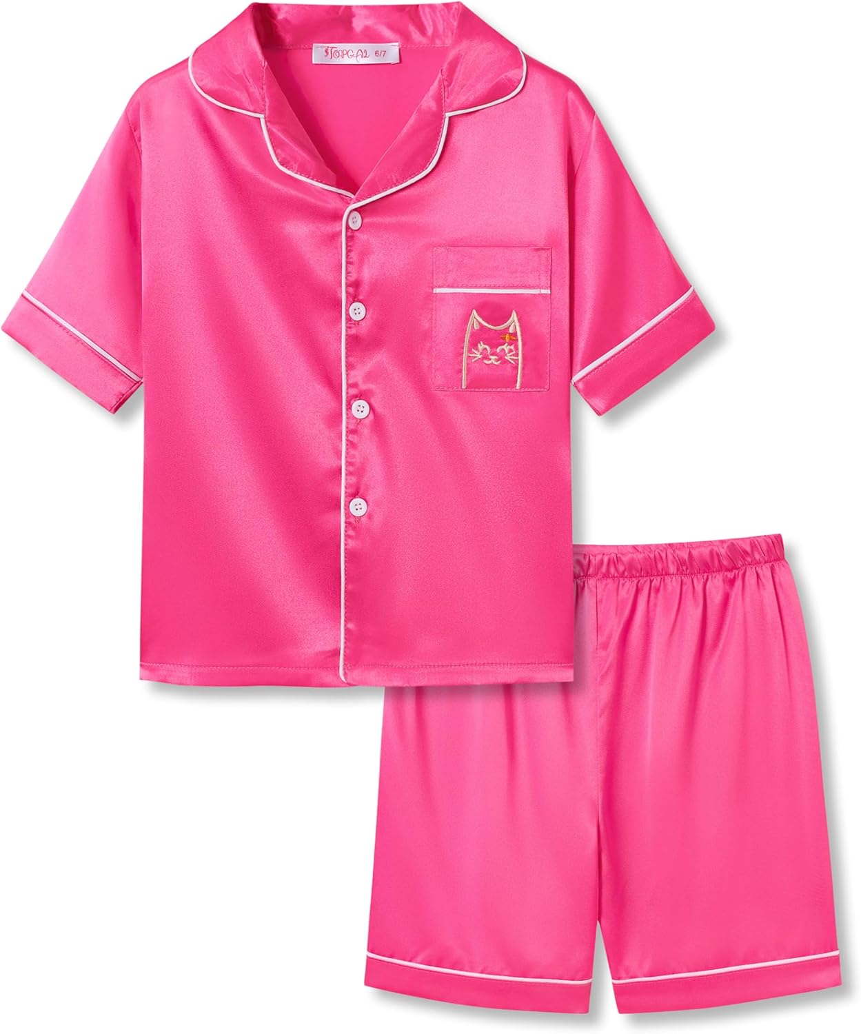 Girls Satin Pajama Set - Silky Button Down PJ with Shorts Size 6-16 Neon Pink (Short Sleeve & Shorts)