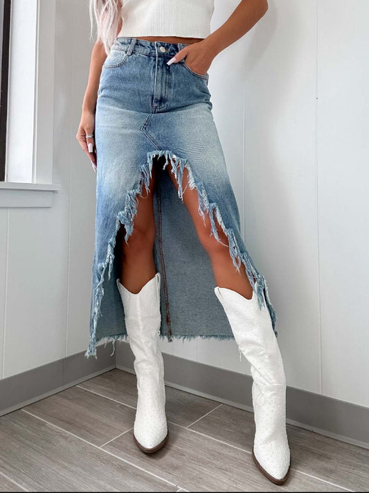 High-Waist Raw Hem Asymmetry Denim Skirt Light