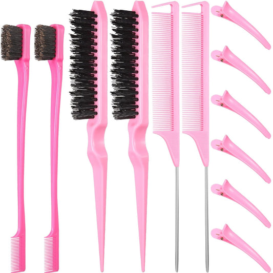 Hair Brush Set 12 Pieces Double Sided Edge Brush Teasing Combs Styling Kit Pink