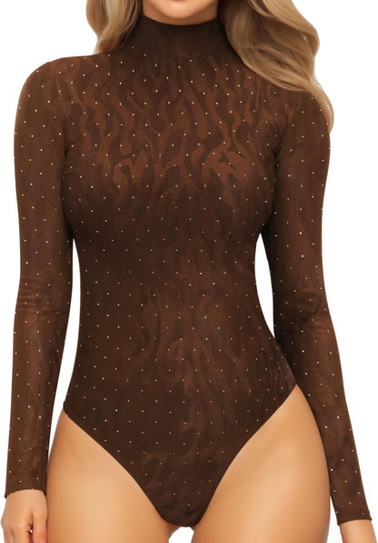 Mock Turtleneck Bodysuit - Long Sleeve Fitted Top with Snap Closure Small 03 Sparkly Zebra Print Coffee