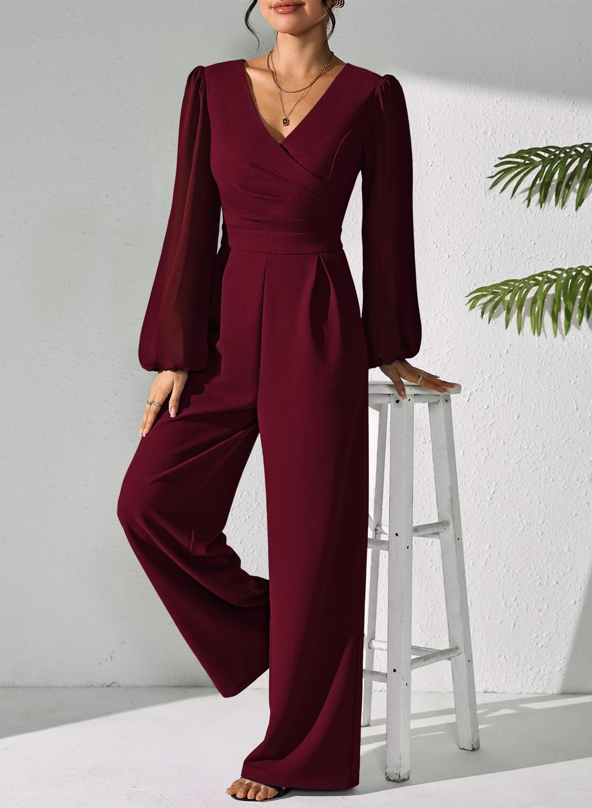 Pink Queen Jumpsuits for Women Dressy Patchwork Chiffon Sleeve V Neck Wide Leg Romper Holiday Party Outfits