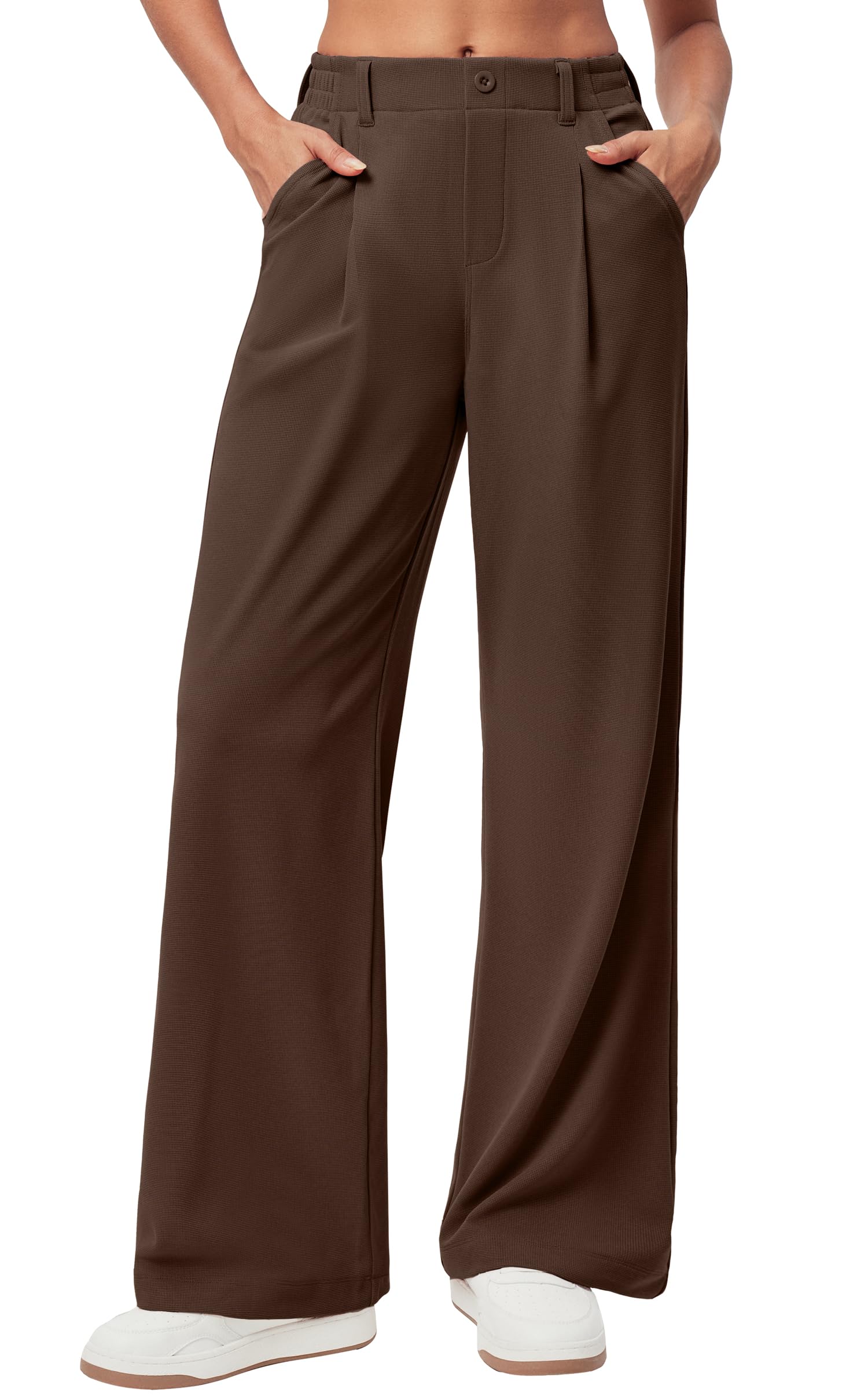 Women's Wide Leg Work Pants - Stretchy Pull-On Business Casual Trousers with Pockets
