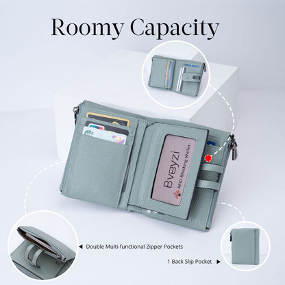 Women Leather Wallet - Small RFID Blocking Card Holder with Double Zipper