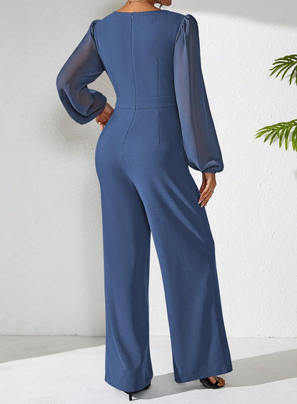Pink Queen Jumpsuits for Women Dressy Patchwork Chiffon Sleeve V Neck Wide Leg Romper Holiday Party Outfits