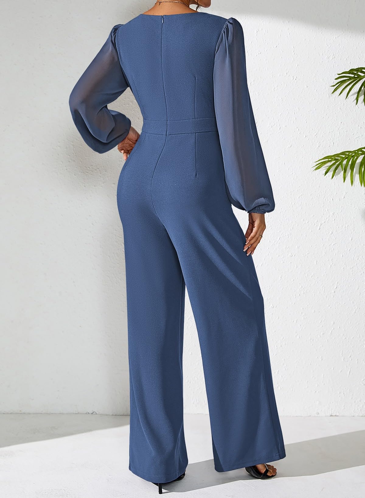 Pink Queen Jumpsuits for Women Dressy Patchwork Chiffon Sleeve V Neck Wide Leg Romper Holiday Party Outfits
