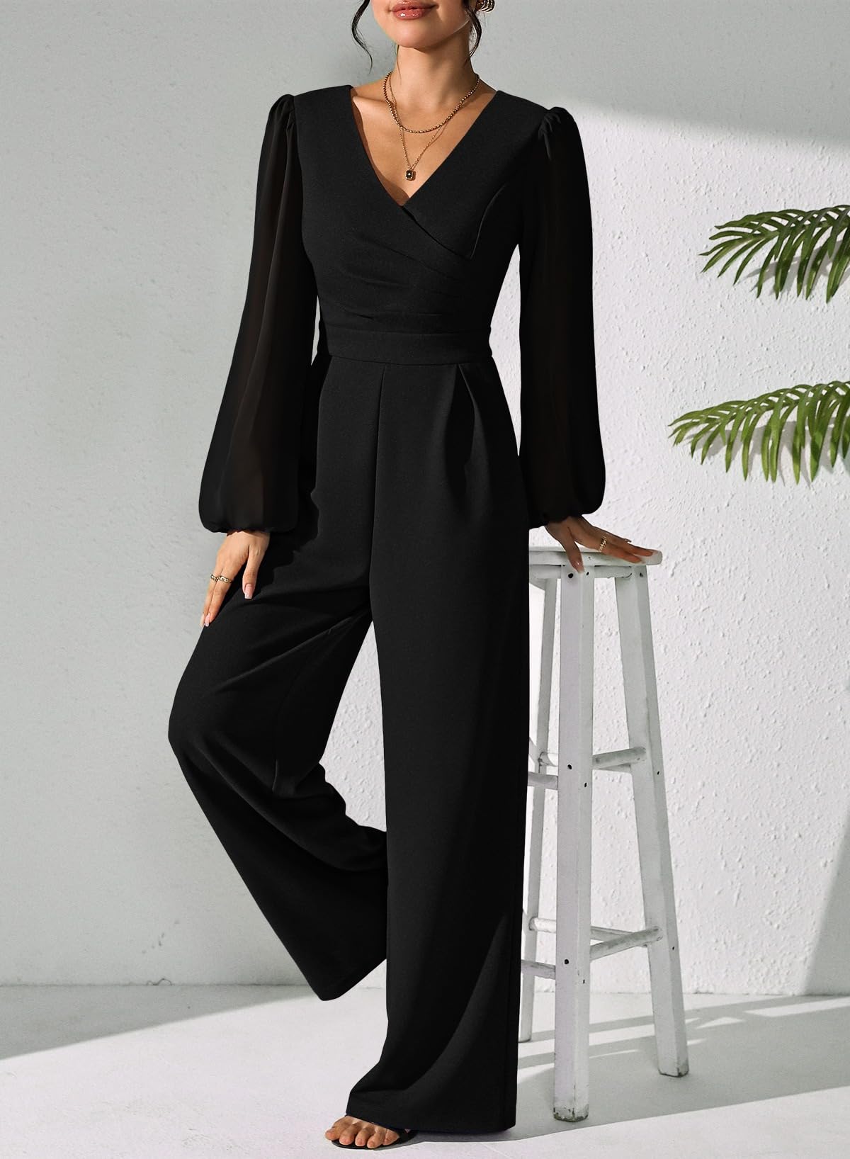 Pink Queen Jumpsuits for Women Dressy Patchwork Chiffon Sleeve V Neck Wide Leg Romper Holiday Party Outfits