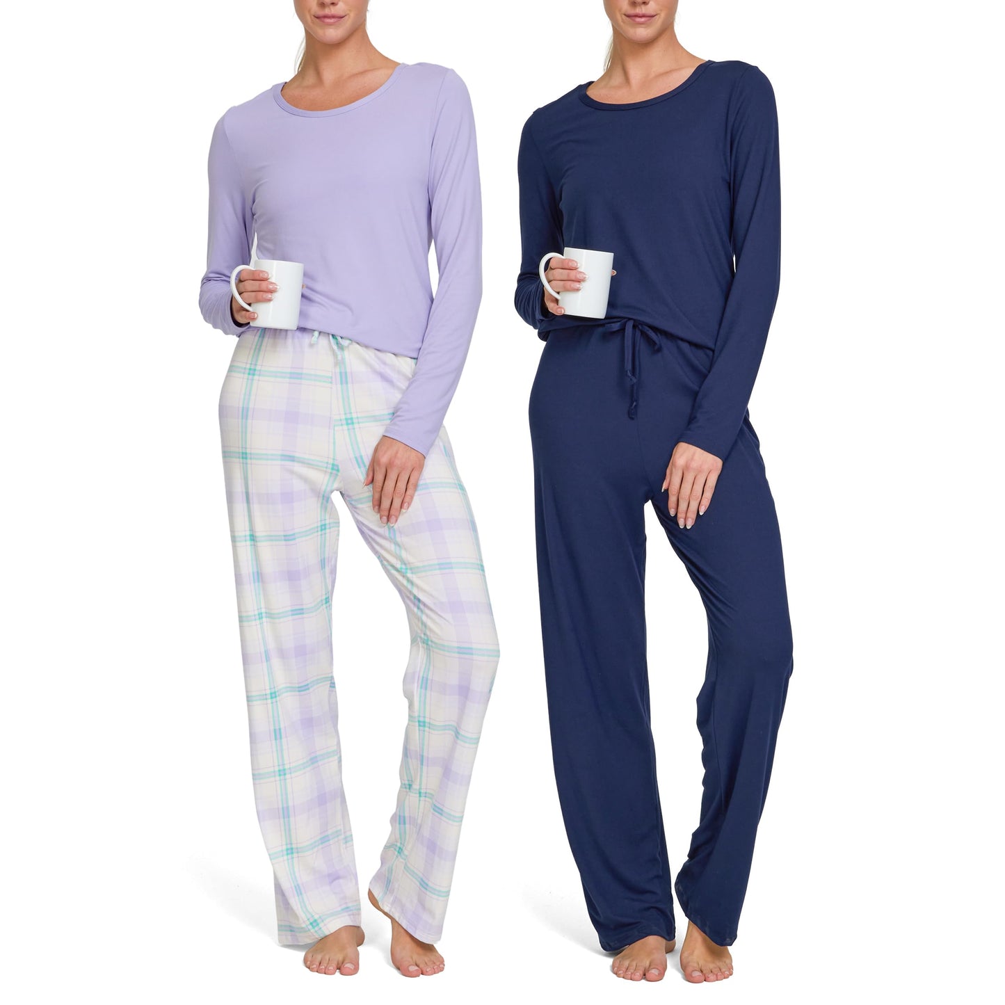 Women's Pajama Sets 2 Pack - Soft Lounge PJ Pants Set for Sleeping & Lounging Violet Violet Plaid - Navy