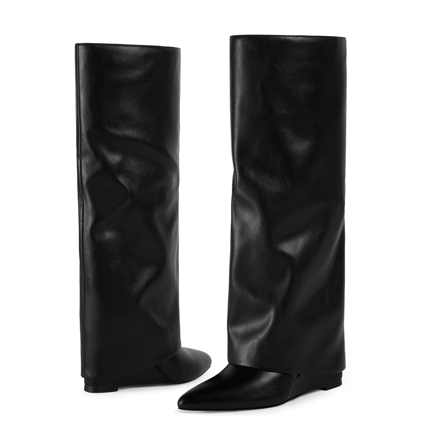 Modatope Black Slouchy Fold Over Knee High Boots for Women 2025 Pointed Wedge Heeled Fall Tall Boots Shark Long Boots Size 7.5