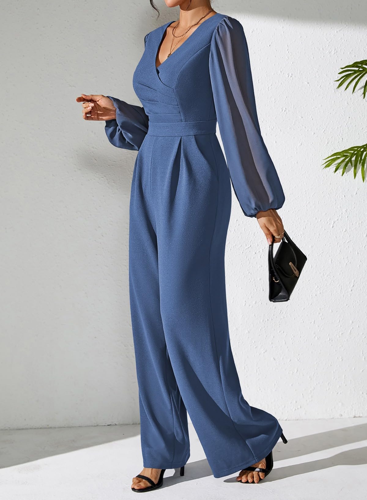 Pink Queen Jumpsuits for Women Dressy Patchwork Chiffon Sleeve V Neck Wide Leg Romper Holiday Party Outfits
