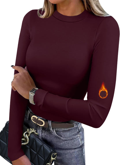 Women's Long Sleeve Thermal Shirt - Fleece Mock Neck Slim Fit Top Wine