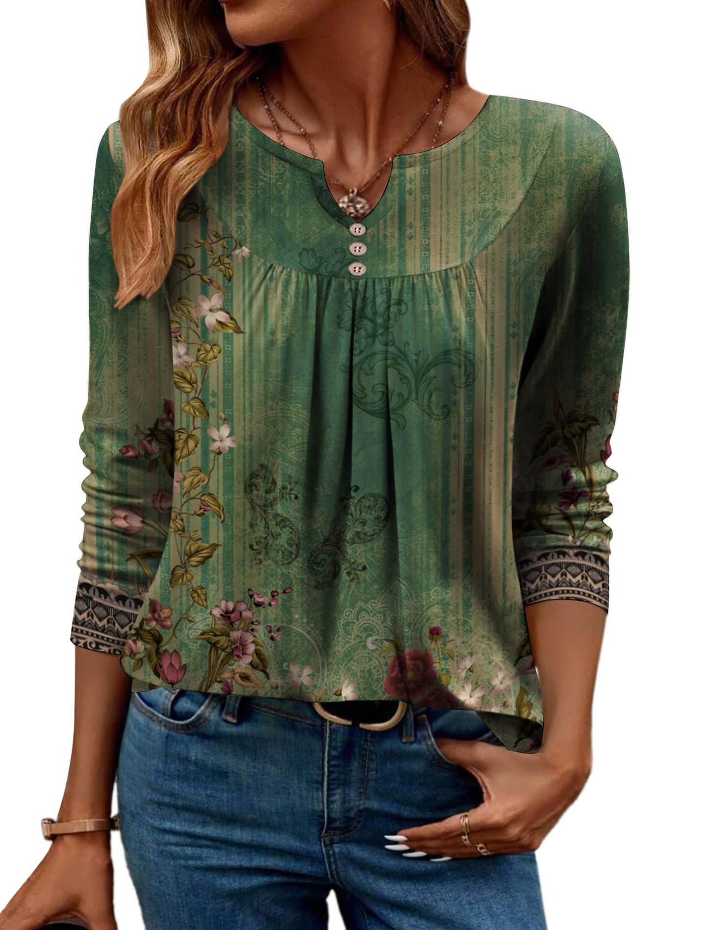 Women Long Sleeve V Neck Blouse - Casual Dressy Work Tunic Top with Pleated Detail 2025