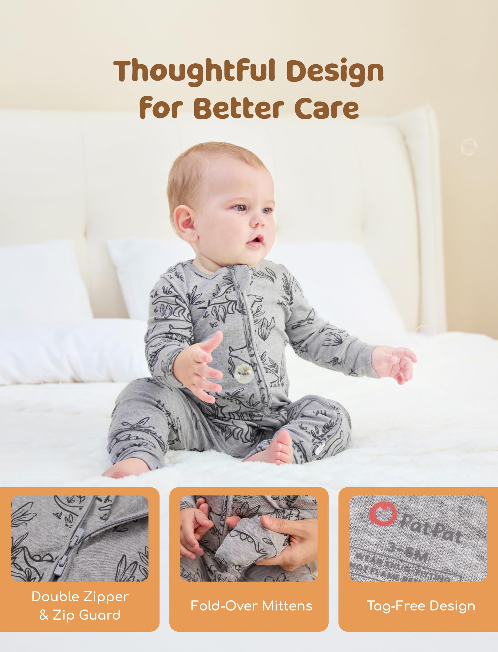 PATPAT Baby Footie Pajamas - Premium Tencel Lyocell & Wool Romper with 2-Way Zipper