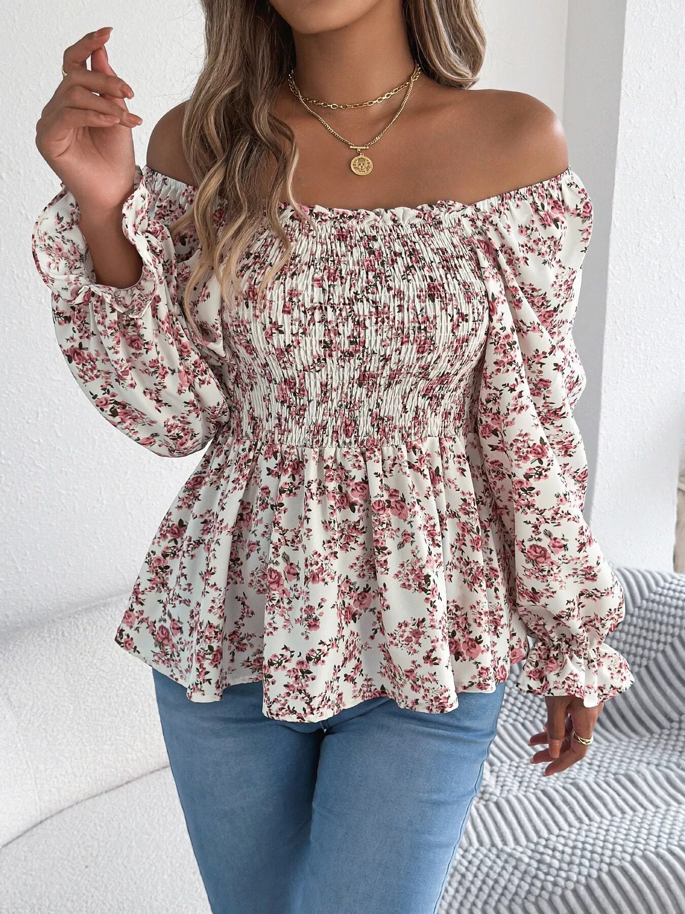 Full Size Floral Print Smocked Long Sleeve Blouse Plus Size