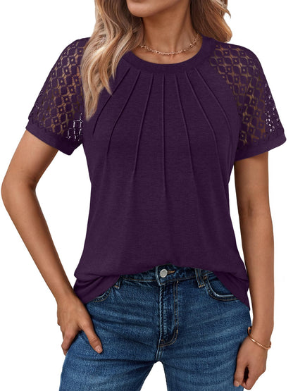 Women's Summer Lace Top Short Sleeve Business Casual Blouse Darkpurple