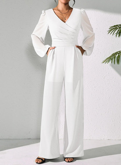 Pink Queen Jumpsuits for Women Dressy Patchwork Chiffon Sleeve V Neck Wide Leg Romper Holiday Party Outfits
