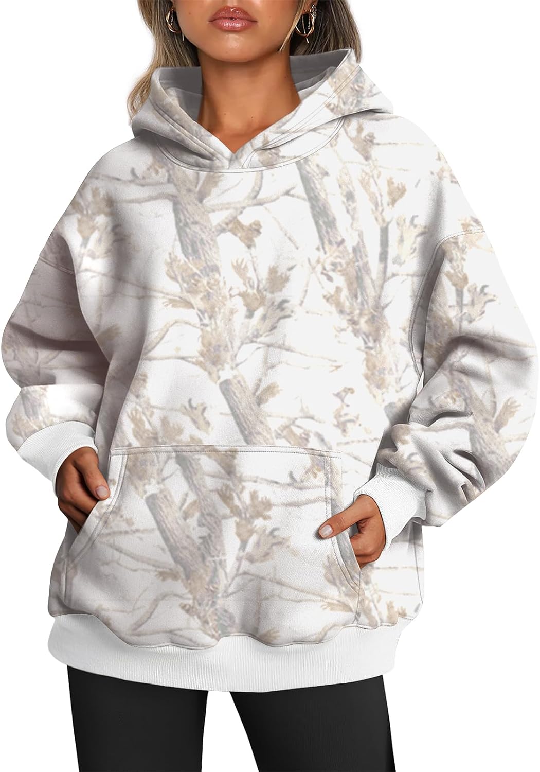 Women's Oversized Hoodie Fleece Pullover Sweatshirt Winter Sweater Medium Camo White