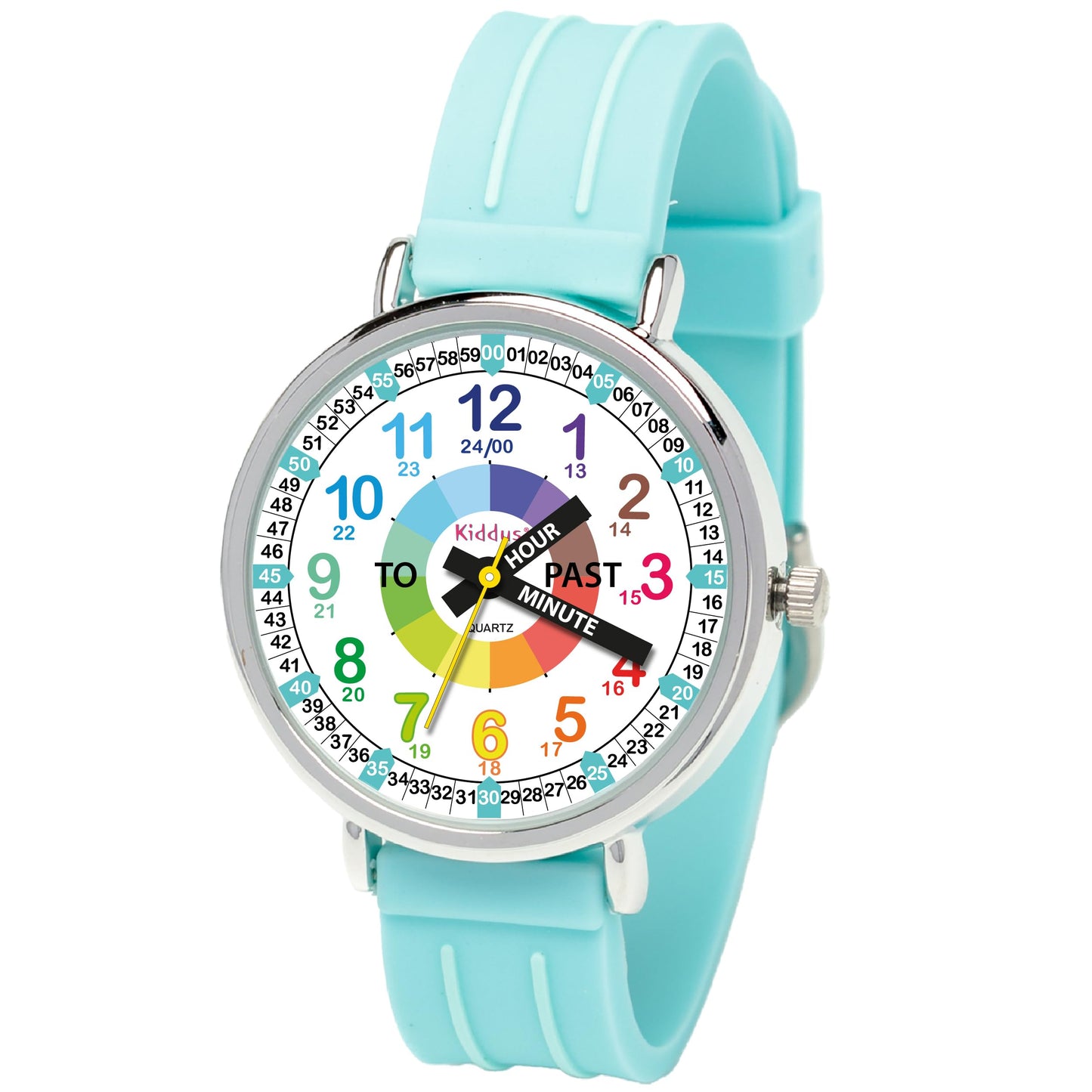 Kids Time Teacher Watch - Educational Analog Watch with Japanese Quartz Movement Ages 5-12 A. English Handles 06 Turquoise band