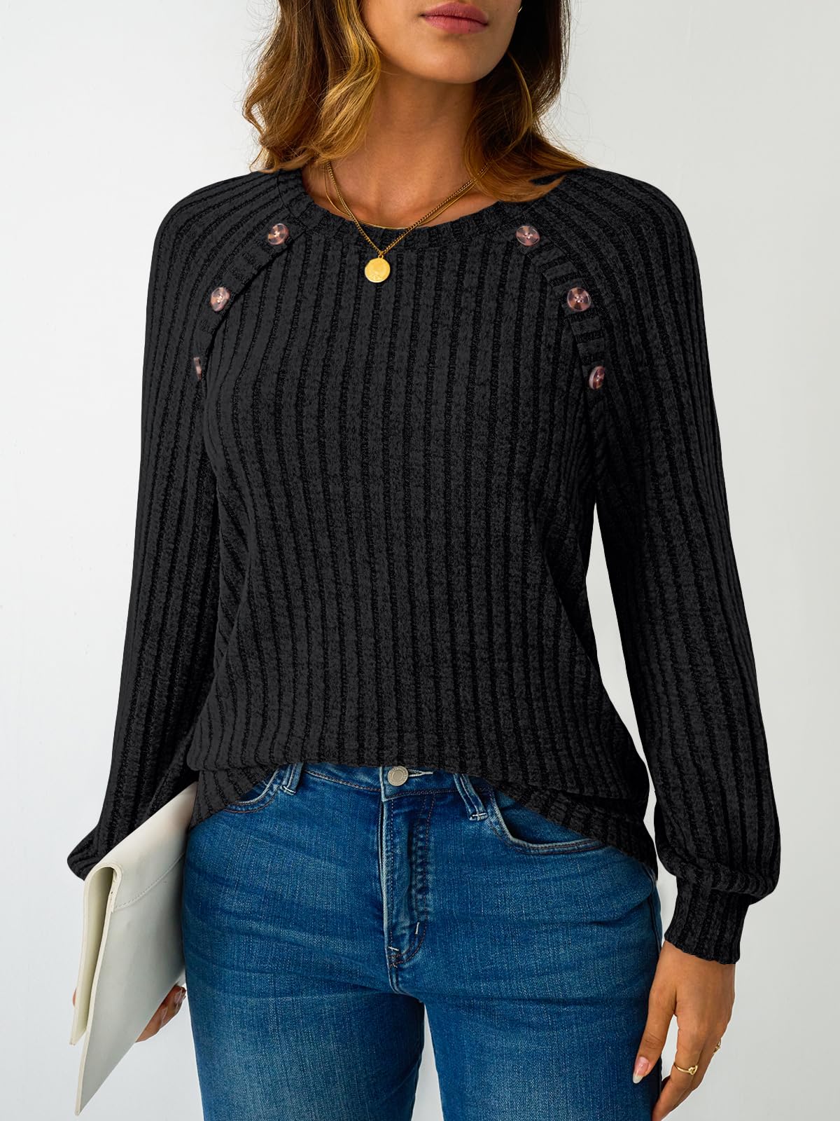 Women's Long Sleeve Tops - Fall Lightweight Sweaters with Shoulder Buttons