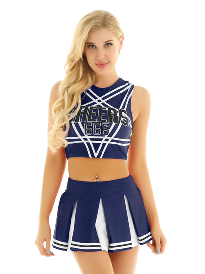 Cheerleader Costume - Women's Crop Top with Pleated Mini Skirt Uniform Deepblue