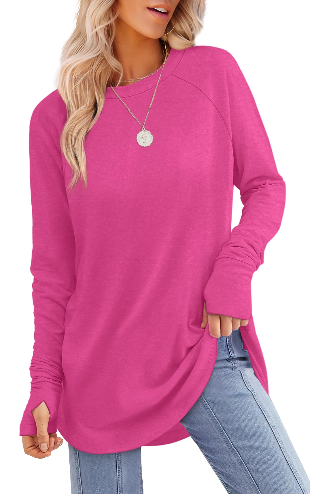 Tunic Top with Thumb Holes for Women - Long Sleeve Shirt with Curved Hem K-hotpink