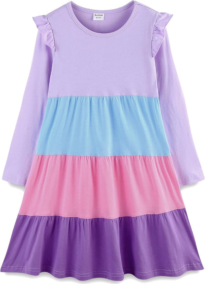 Bumeex Girl's Dresses Cotton Ruffle Sleeve Tiered Swing A-Line Cute Midi Casual Sundress #Lilac