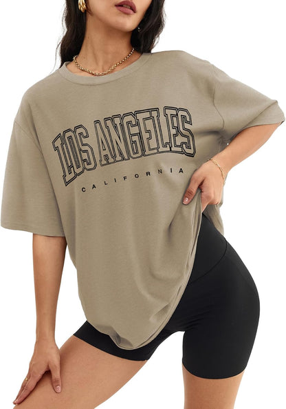 Women's Oversized T Shirts - Loose Fit Crewneck Short Sleeve Casual Tops Khaki-p