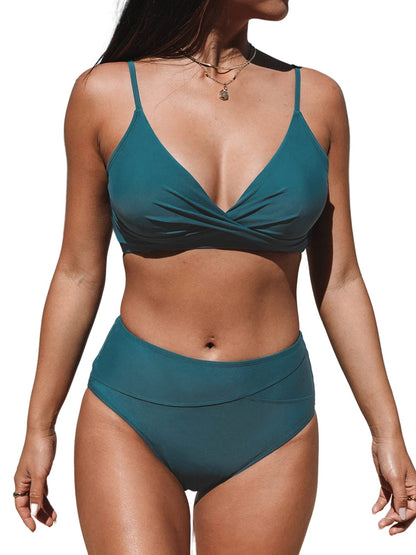 Women's High Waisted Bikini Set - V Neck Twist Front Two Piece Swimsuit with Adjustable Straps