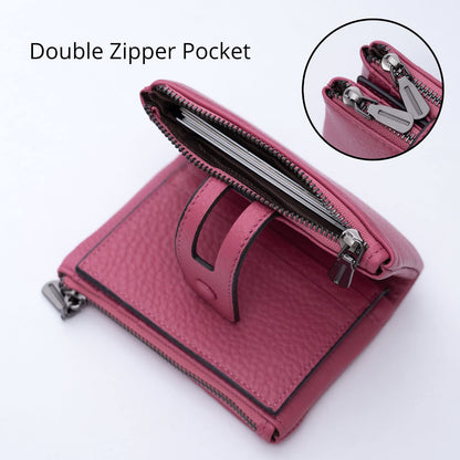 Women Leather Wallet - Small RFID Blocking Card Holder with Double Zipper