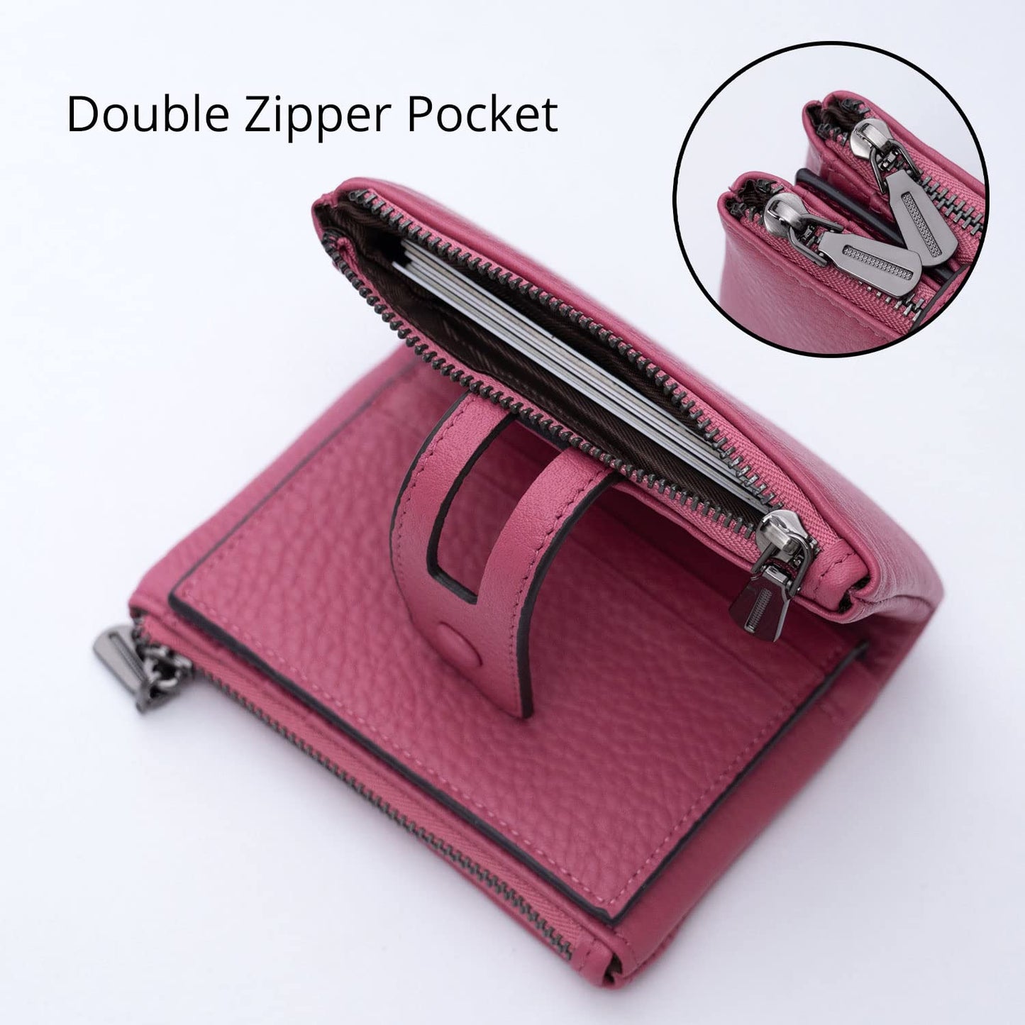Women Leather Wallet - Small RFID Blocking Card Holder with Double Zipper