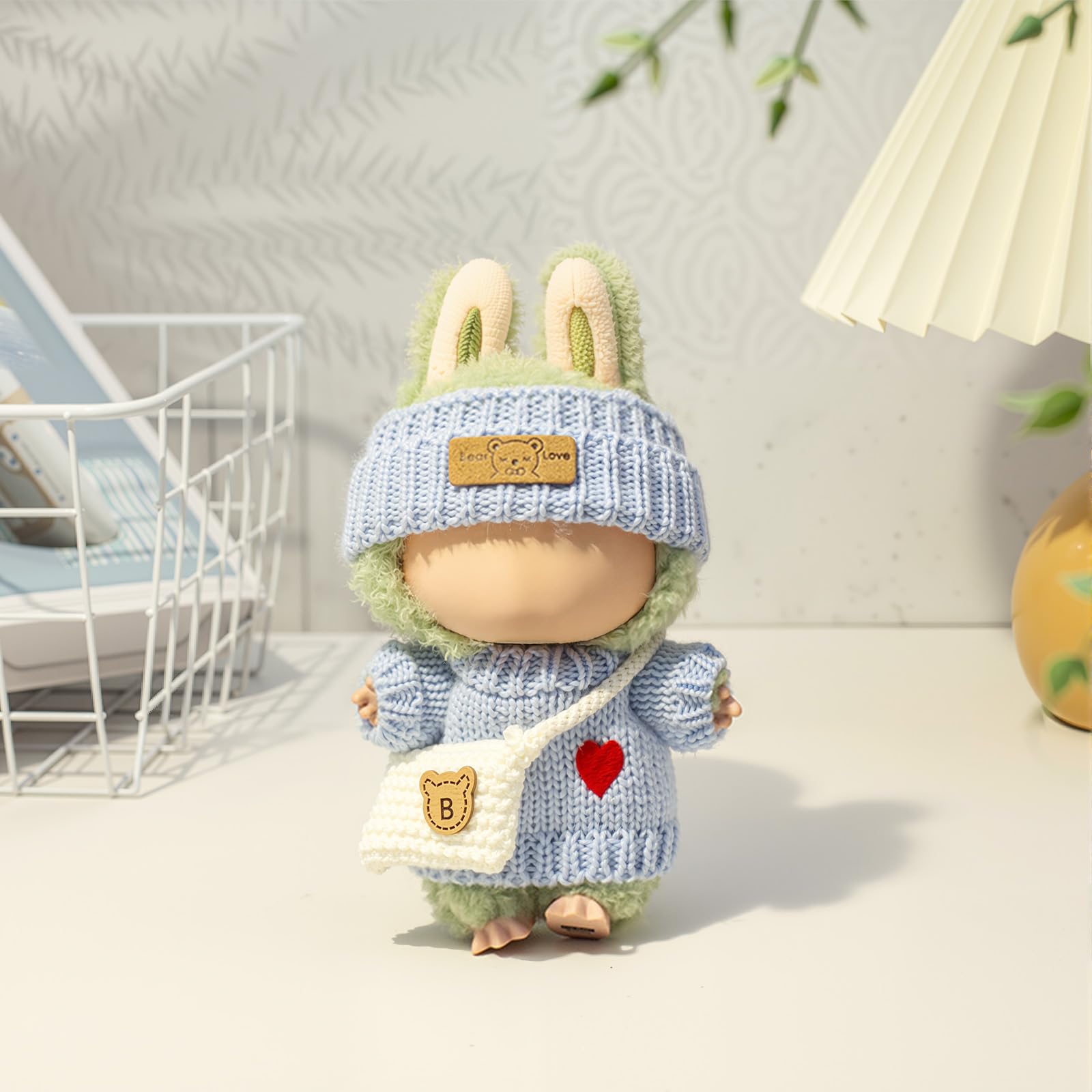 3 Piece Handmade Crochet Outfit for 17cm Dolls - Heart Sweater Hat & Bag Set