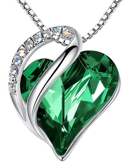 Infinity Love Birthstone Heart Necklace - 18K White Gold Plated Crystal Pendant Gift for Women 05-May-Emerald Green