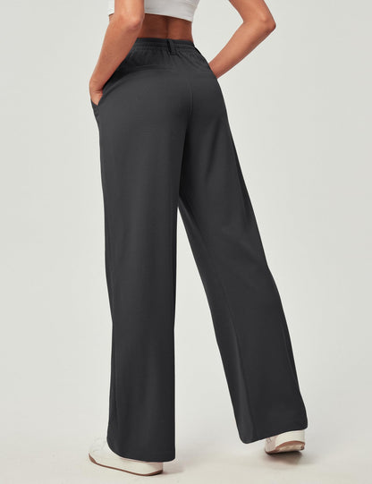 Women's Wide Leg Work Pants - Stretchy Pull-On Business Casual Trousers with Pockets