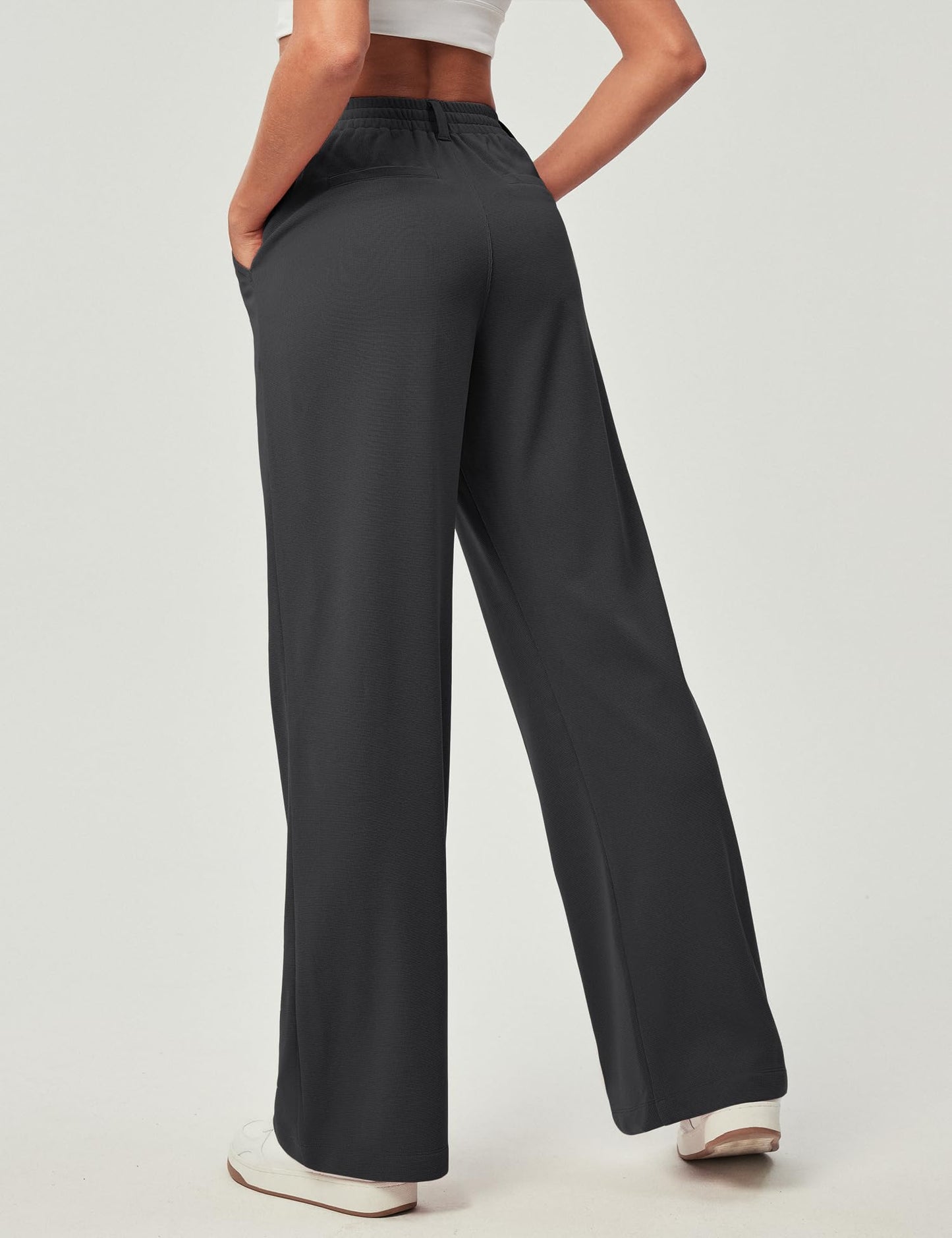 Women's Wide Leg Work Pants - Stretchy Pull-On Business Casual Trousers with Pockets