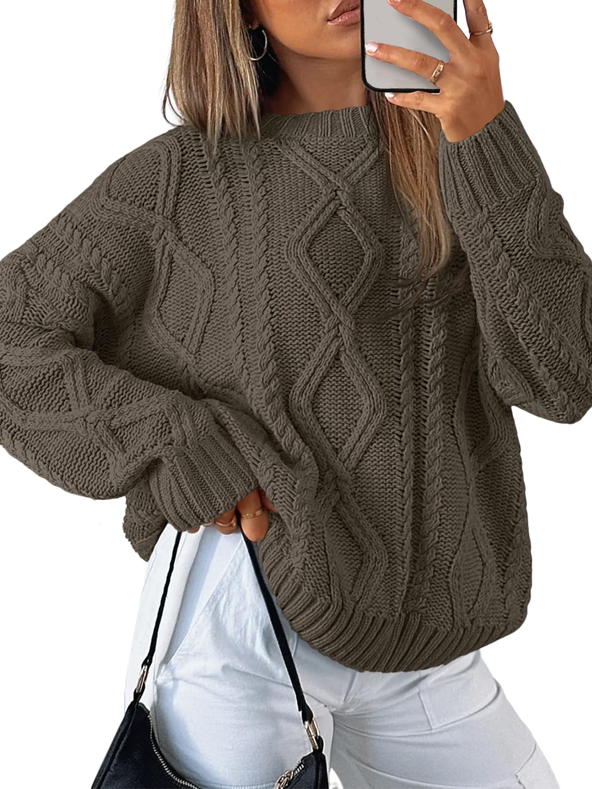 Women's Oversized Cable Knit Crewneck Sweaters - Cozy Fall Pullover