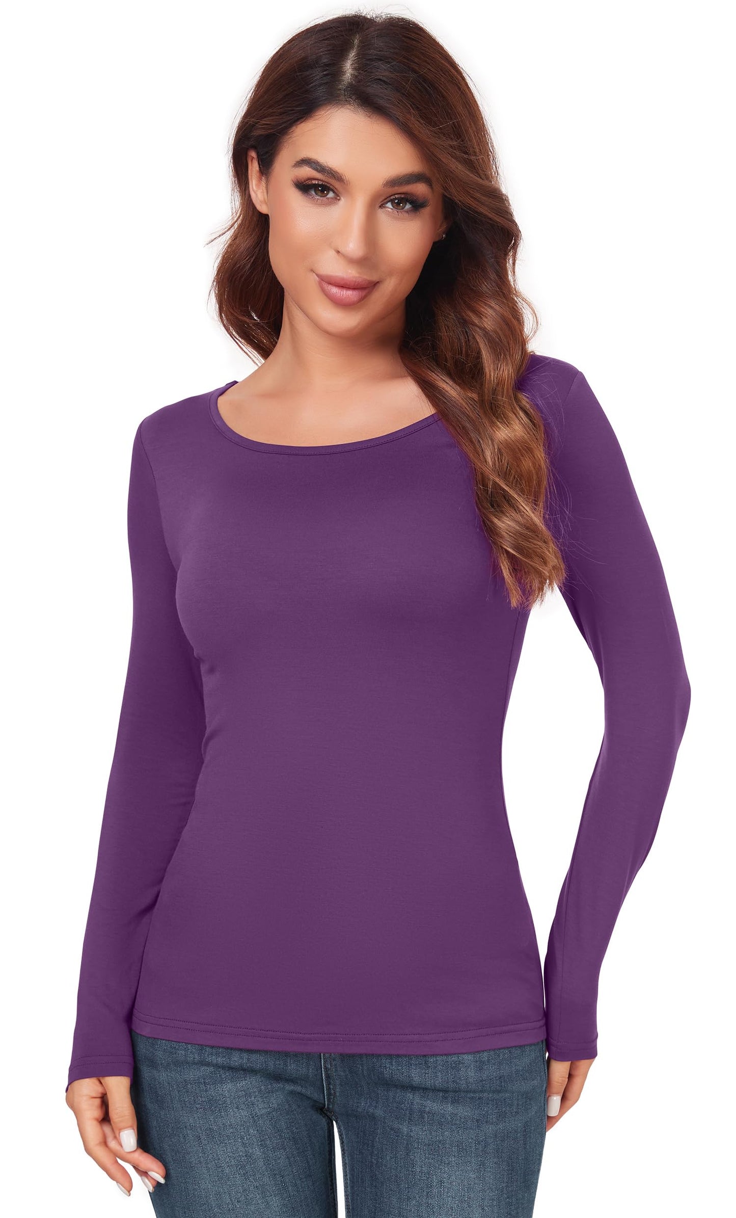 Women's Scoop Neck Long Sleeve Top - Slim Fit Thermal Blouse Basic Layer Shirt