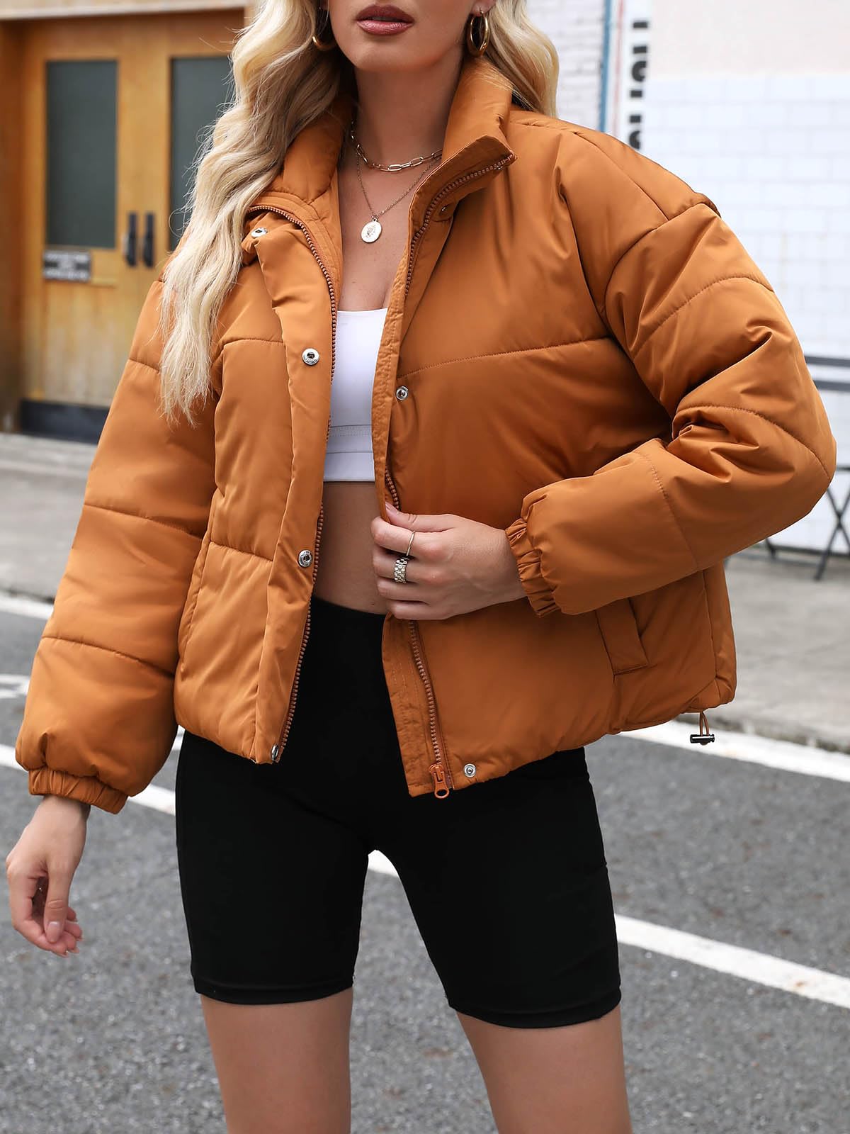 Imily Bela Womens Cropped Puffer Jackets Long Sleeve Stand Collar Coats Quilted Zipper Outerwear