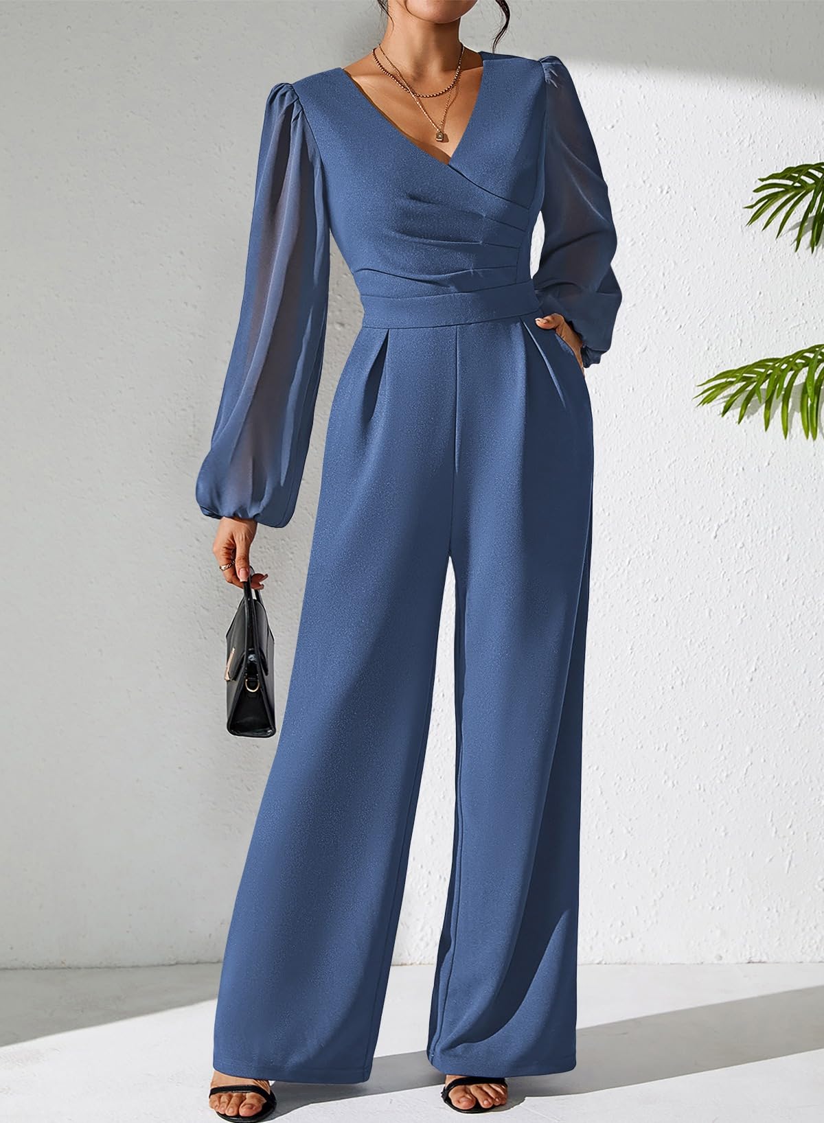 Pink Queen Jumpsuits for Women Dressy Patchwork Chiffon Sleeve V Neck Wide Leg Romper Holiday Party Outfits