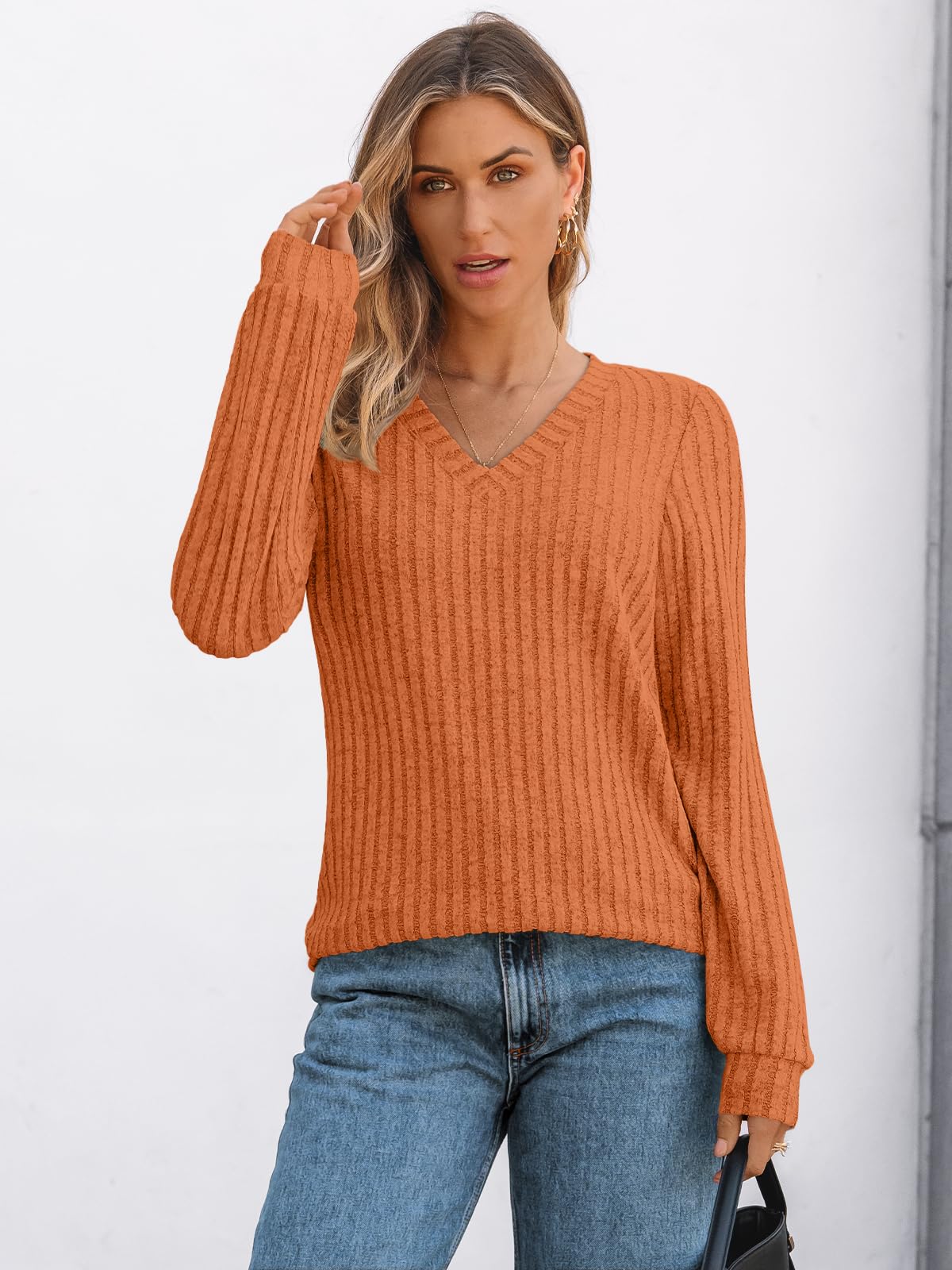 V Neck Long Sleeve Sweater for Women - Loose Fit Tunic Top for Fall & Winter