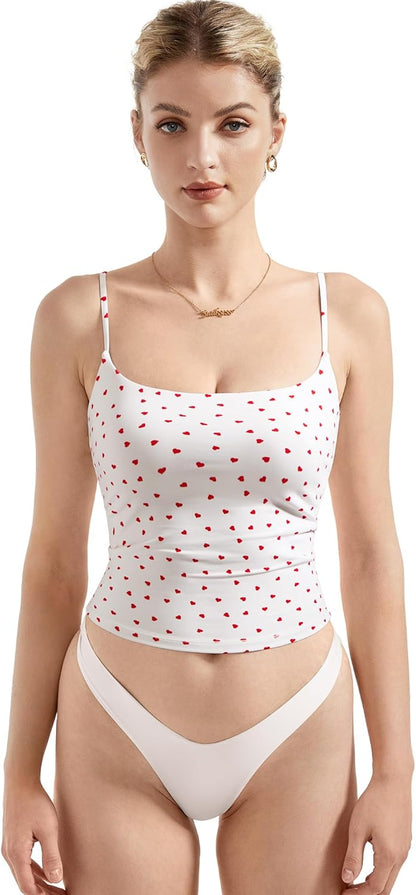 Women Square Neck Tank Top - Summer Cami with Adjustable Straps Heart Print