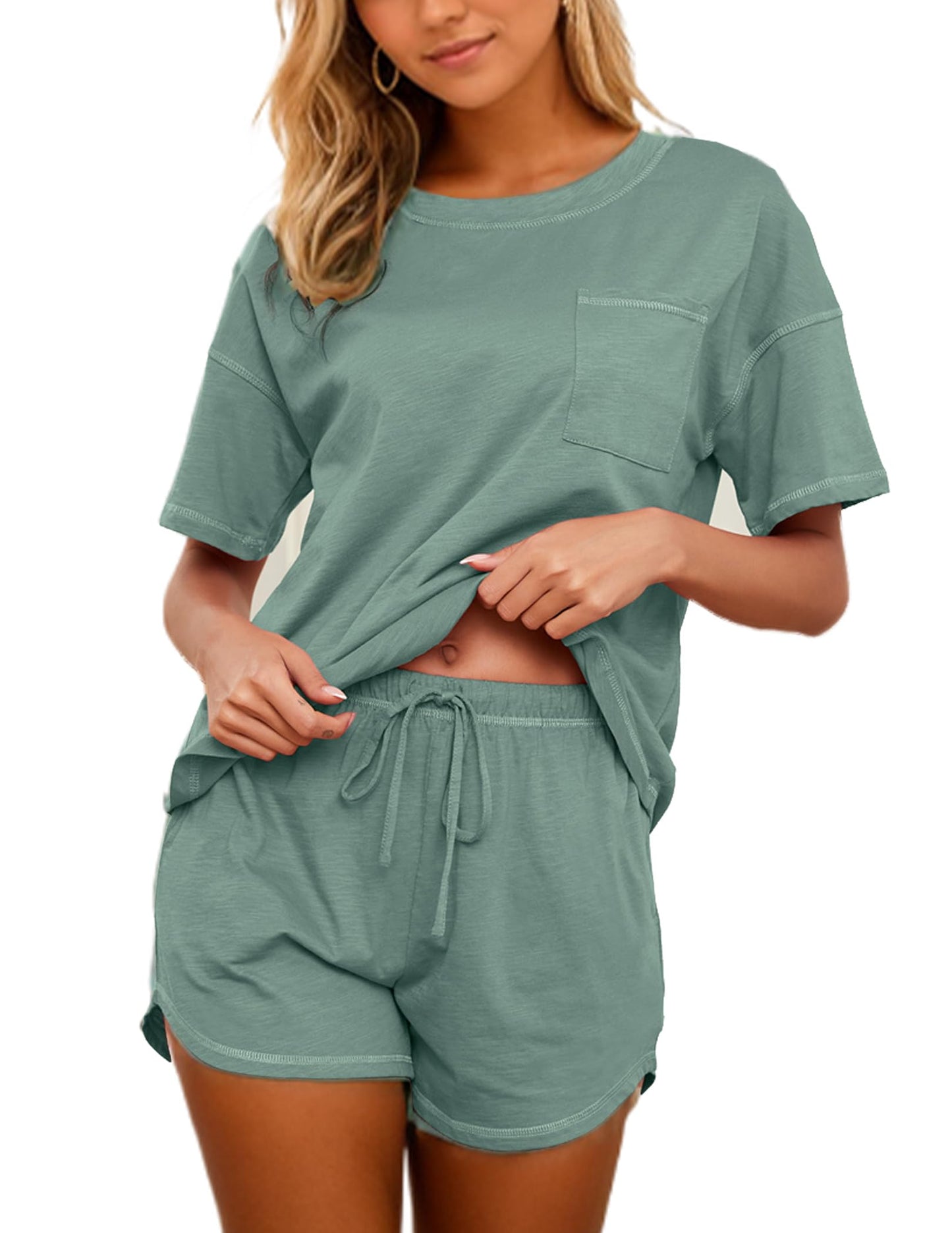 Women's Cotton Pajama Set - Short Sleeve Top and Shorts Sleepwear Lounge Set Grayish Green