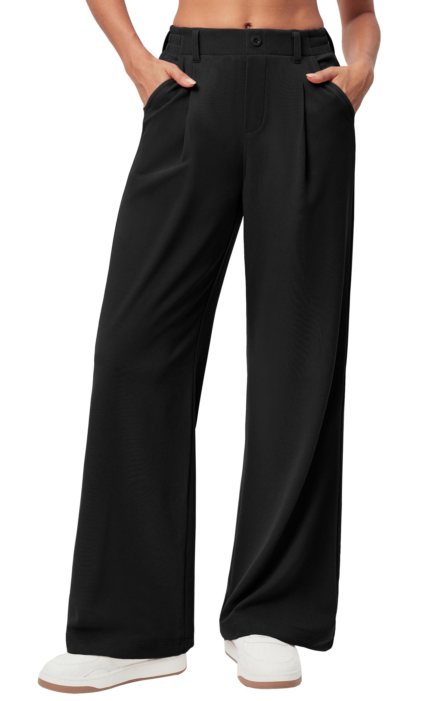 Women's Wide Leg Work Pants - Stretchy Pull-On Business Casual Trousers with Pockets