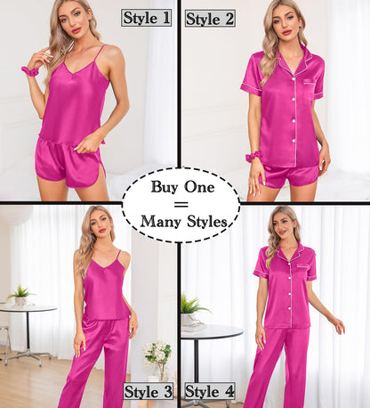 SWOMOG Womens Silk Satin Pajamas Sets 7pcs Sleepwear Sexy Cami Shorts Set and Button Down Short Sleeve Satin Pjs