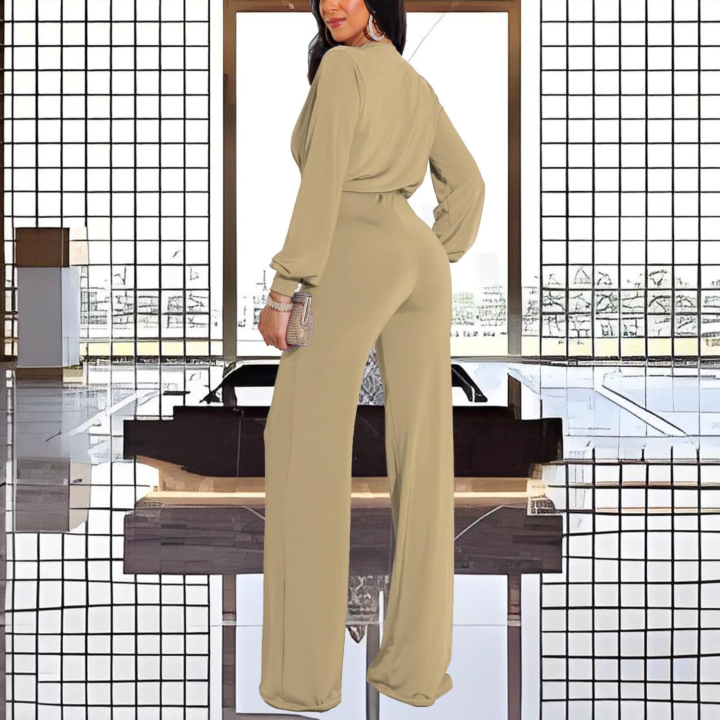 shengfan Formal Jumpsuits for Women Dressy Evening Sexy Deep V Neck Plus Size Long Wide Leg Pants Rompers Clubwear