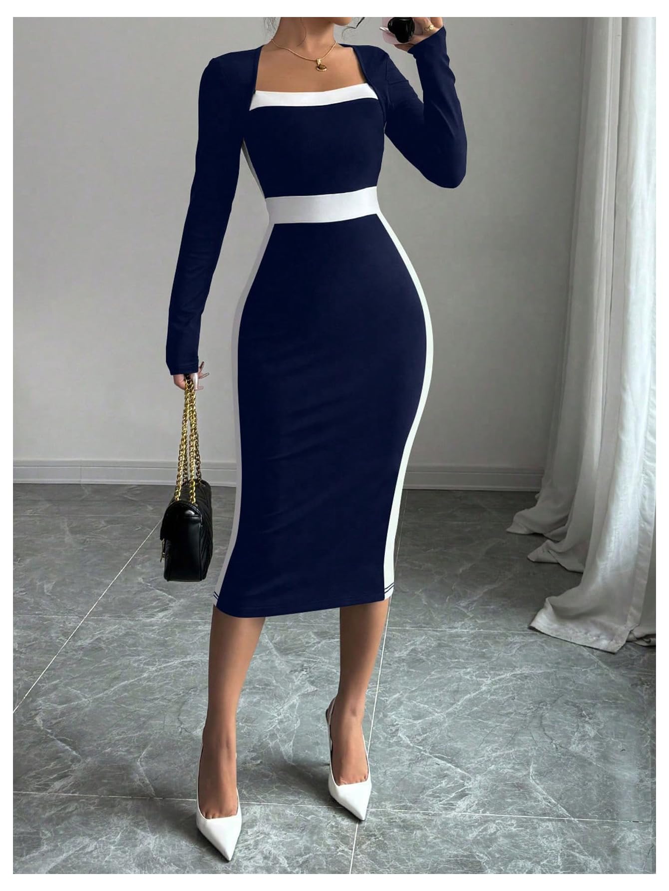Women Midi Dress - Color Block Square Neck Long Sleeve Bodycon Dress