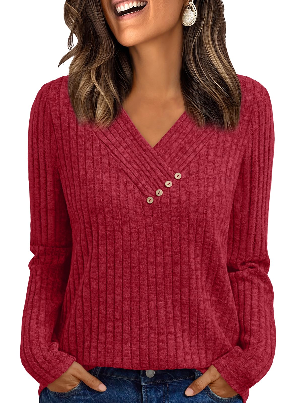 Women's Long Sleeve V Neck Tunic Tops - Dressy Casual Work Blouse Sweater Small Red