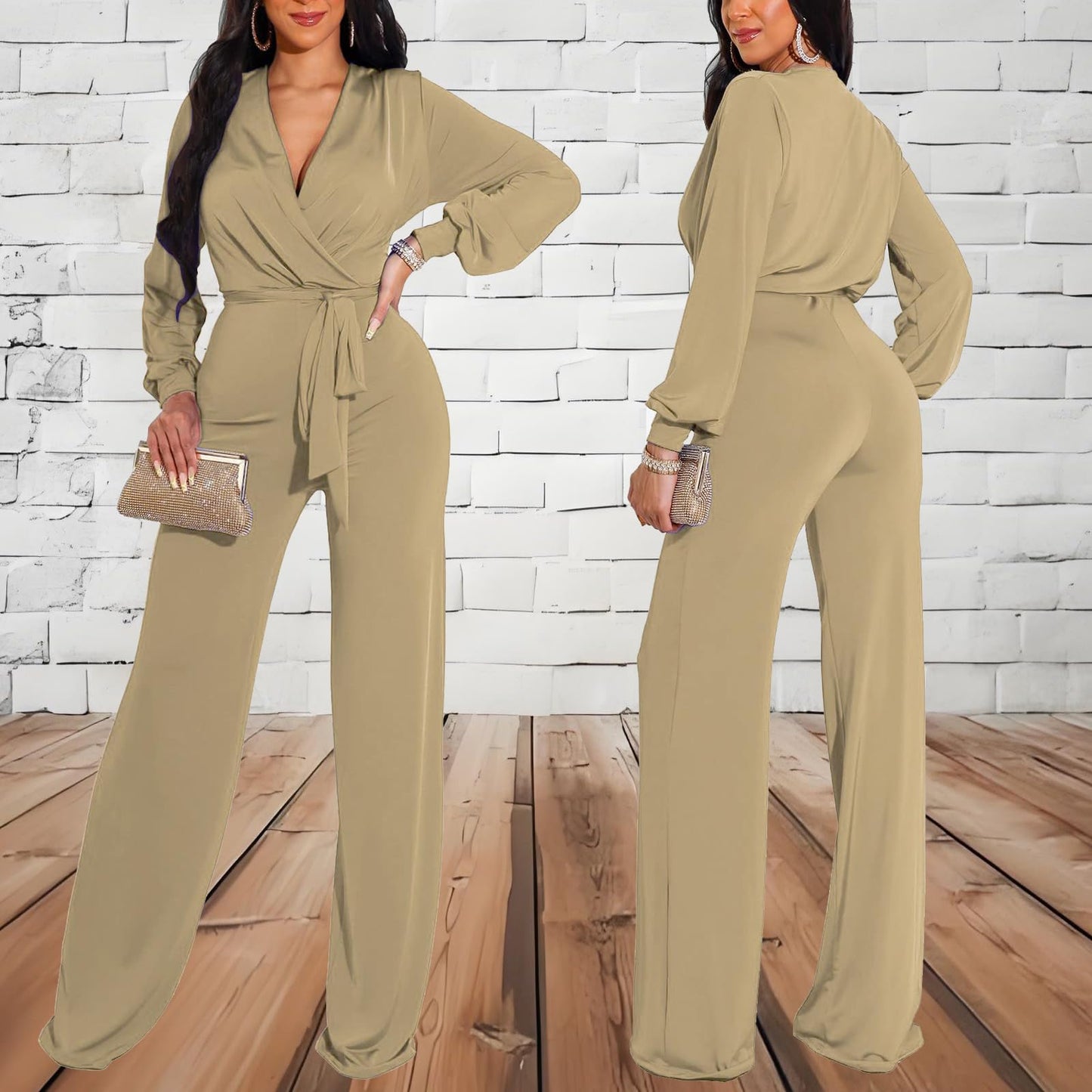 shengfan Formal Jumpsuits for Women Dressy Evening Sexy Deep V Neck Plus Size Long Wide Leg Pants Rompers Clubwear