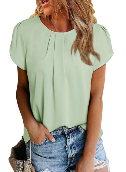 Polyester Blouses - Women's Chiffon Blouse Short Sleeve Pleated Top with Keyhole Back Detail