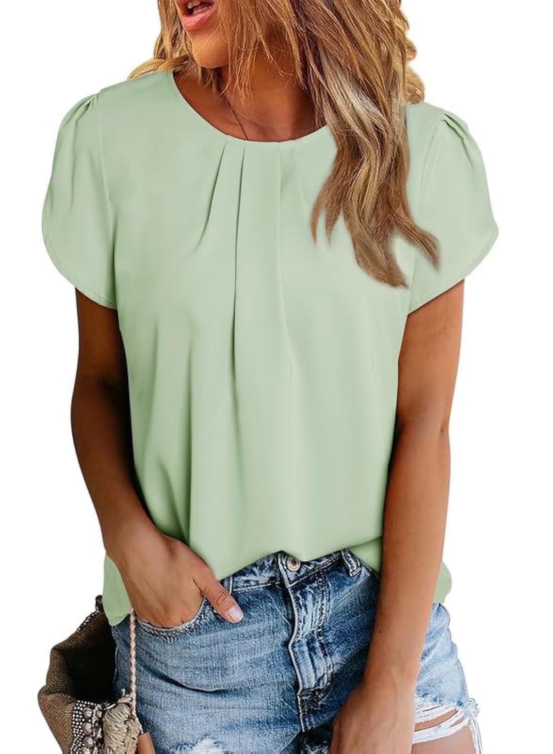 Polyester Blouses - Women's Chiffon Blouse Short Sleeve Pleated Top with Keyhole Back Detail