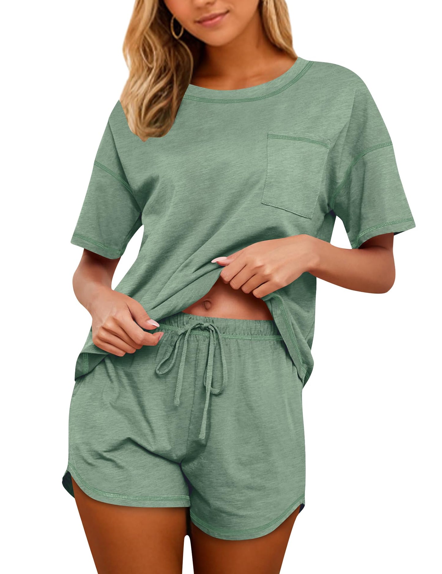 Women's Cotton Pajama Set - Short Sleeve Top and Shorts Sleepwear Lounge Set Sage Green